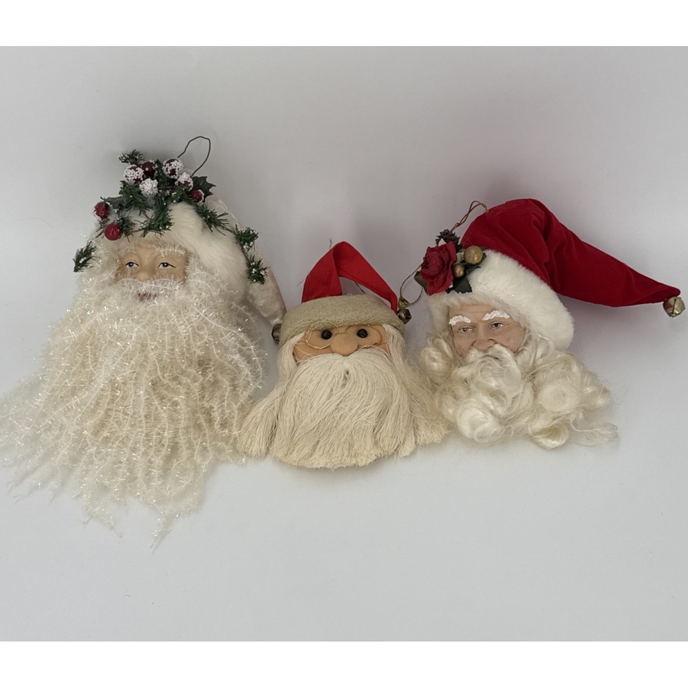 Three Vintage 3D Santa Head Christmas Ornaments-2 Hard Heads And‎ 1 Cloth Head